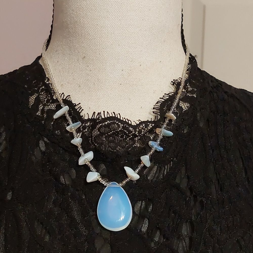 Vintage Blue Glow Opalite Pendant and Chip Beads Necklace
